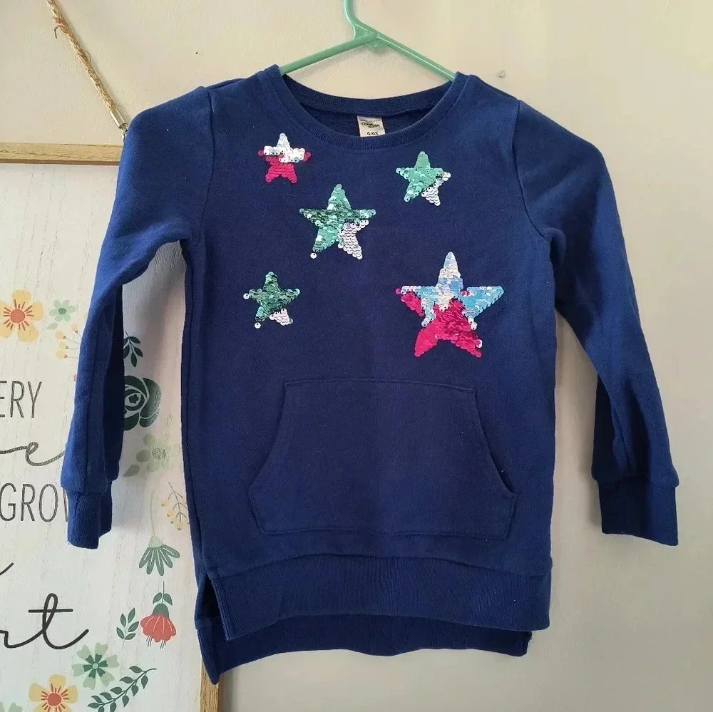 Blue long sleeve sweatshirt with red pink green sequin stars girls size 6